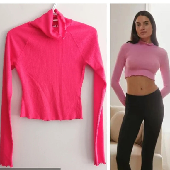 Urban Outfitters Out From Under Neon Pink Cropped Lettuce Hem Turtleneck Small - Picture 16 of 16